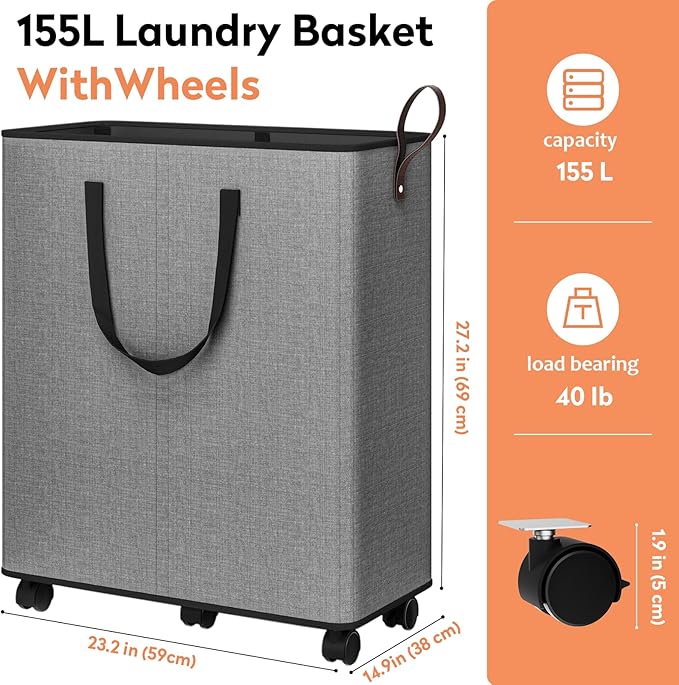 Laundry Basket with Wheels, Collapsible Laundry Baskets, Laundry Hamper with Handles Detachable Wheels, Rolling Laundry Basket, Dirty Clothes Hamper for Bathroom, Dorm, Bedroom, Grey, 155L