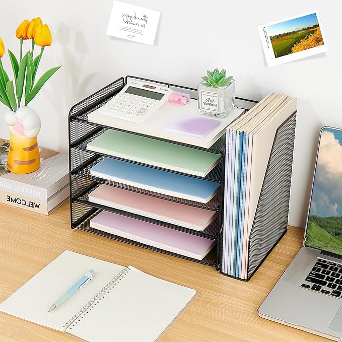 OPNICE Desk Organizer, 5-Tier Paper Organizer Letter Tray with Magazine Holder, Office Desk Accessories & Workspace Organizers, Desktop File Organizer for Office Supplies Storage, Black