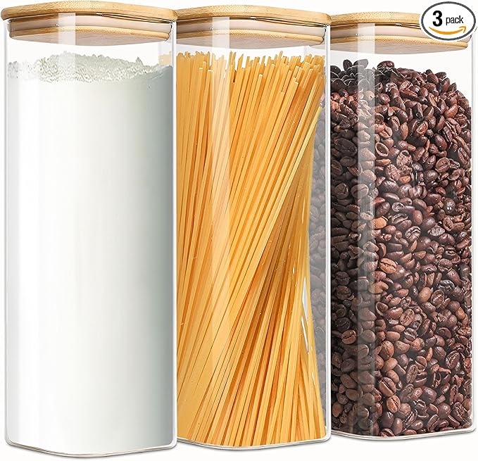 HVOPGEEUAN 2.2 Qt Square Glass Storage Containers with Lids, Clear Food Storage Container Jar with Sealing Bamboo Lid Storage Containers for Pasta, Oats, Coffee, Flour, Sugar (Square -3Pack)