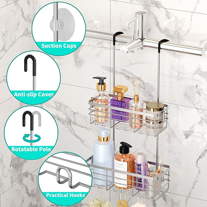 HapiRm Hanging Shower Caddy Organizer - No Drilling Shower Organizer with Hooks, Rustproof & Waterproof 304 Stainless Steel Bathroom Shelves - Silver