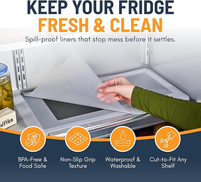 Refrigerator Liners for Shelves (8 Pack) by Linda’s Essentials - Non-Adhesive Drawer and Shelf Liner, BPA-Free Fridge Mats for Kitchen & Cabinets, Easy to Clean, Ideal Household Essentials (Clear)