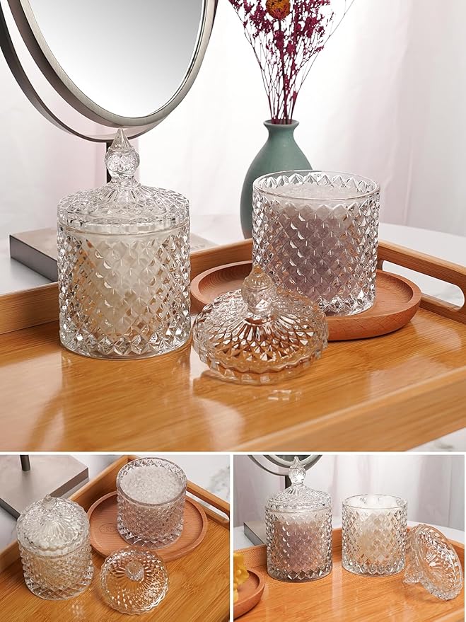 Jenseits 2-Pack Crystal Apothecary Jars with Lid, Cotton Ball Holders and Qtip Holder for Home Decor