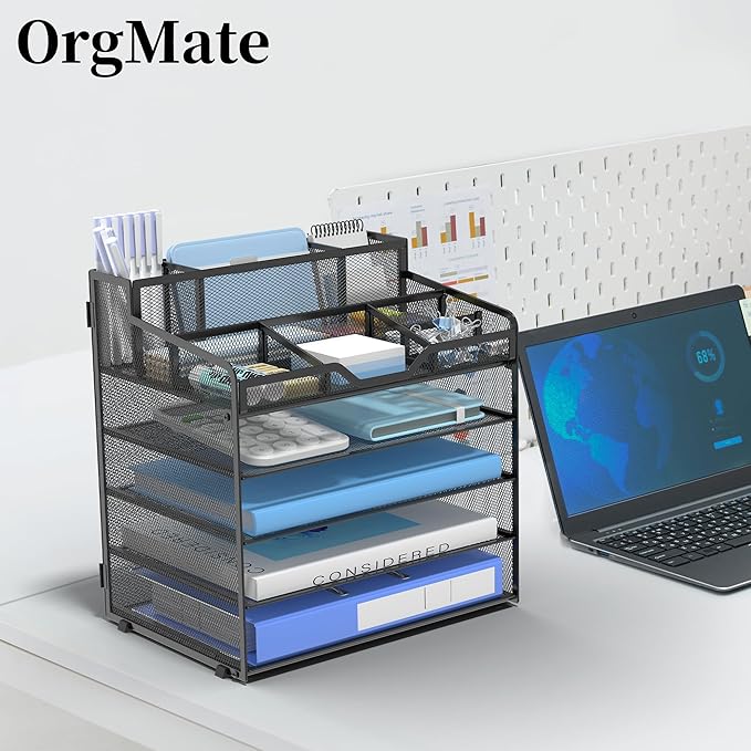 5 Tier Mesh Desk Organizer,Multi Functional Letter Paper Tray with 3 Pen Holders and 5 Adjustable Storage Compartments for Office Supplies Files and Mail Space Saving Desktop Organizer-Black