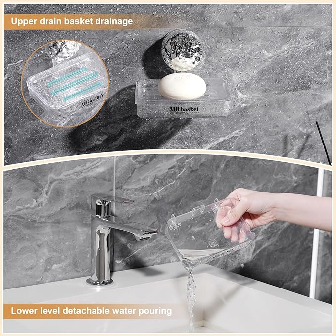 Soap Dish Holder Suction Cup, Wall Mounted Self Draining Soap Case & Sponge Rack, No Drilling Suction Bar Soap Holder for Bathroom, Kitchen Sink
