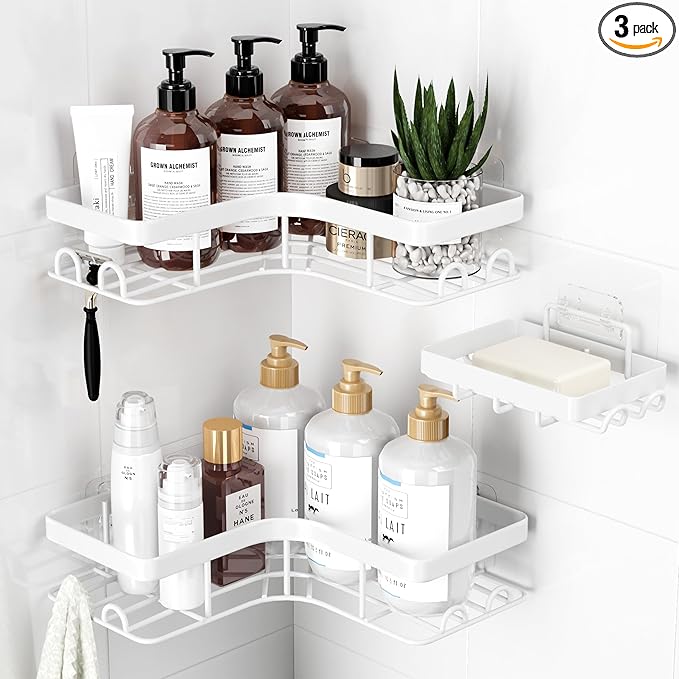 Corner Shower Caddy - 3-Pack Shower Organizer with Soap Holder & Built-In Hooks, Rustproof Metal Shower Shelves, Laundry, Kitchen, Bathroom Organizers and Storage Solution, Large, White