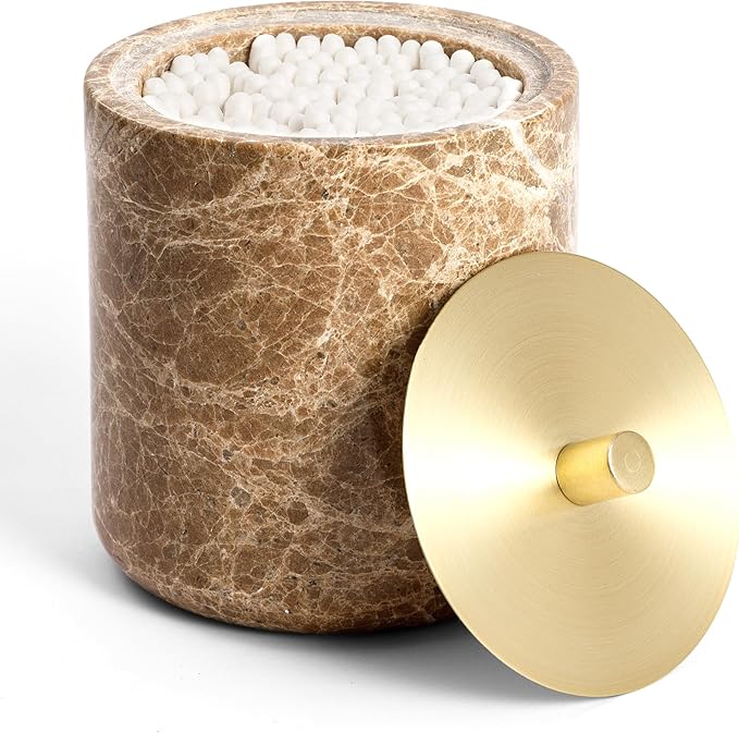 WORHE Marble Qtip Holder with Brass Lid for Cotton Swabs,Balls,Pads,Floss Picks Large Capacity Marble Apothecary Jar for Bathroom Essentials Decor, Vanity Makeup Storage Organizer Light Brown (WH080)