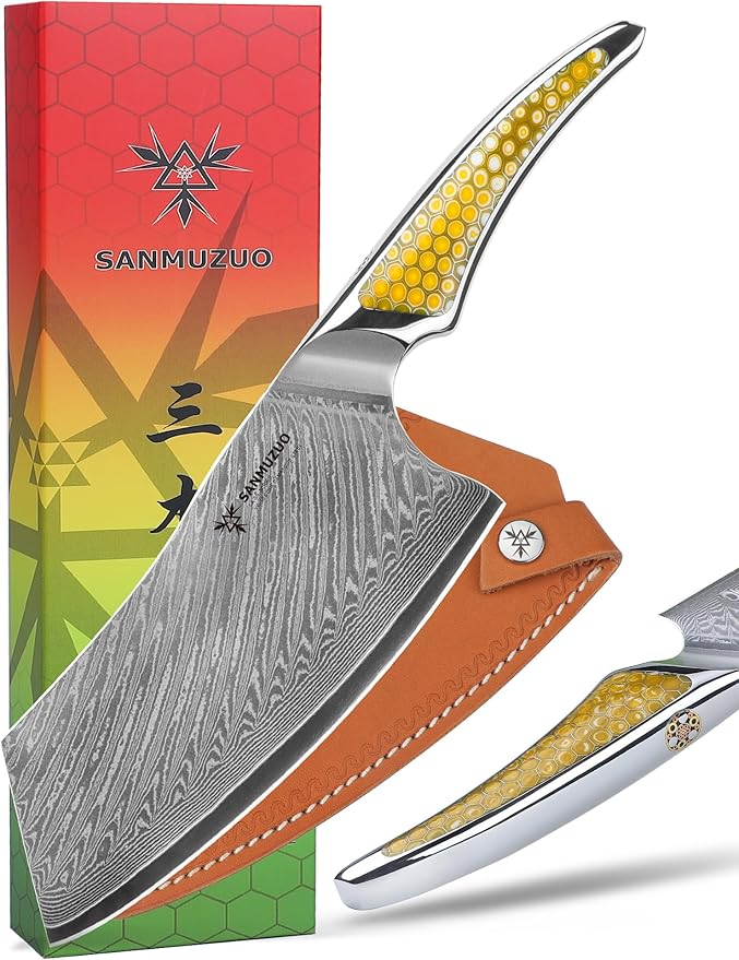 SANMUZUO 5 inch Utility Knife, Japanese VG-10 Damascus Steel Kitchen Knife, Ultra Sharp Fruit Knife with Full-tang Handle in Yellow Resin, LA-S9 Series