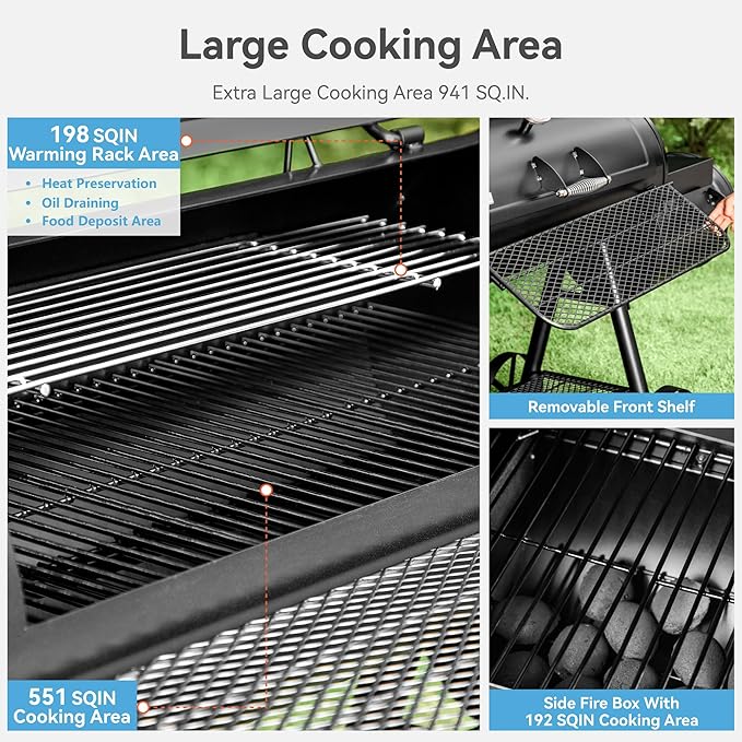 Offset Smoker Charcoal Grills with 37 Inch Cook Chamber for Outdoor Cooking