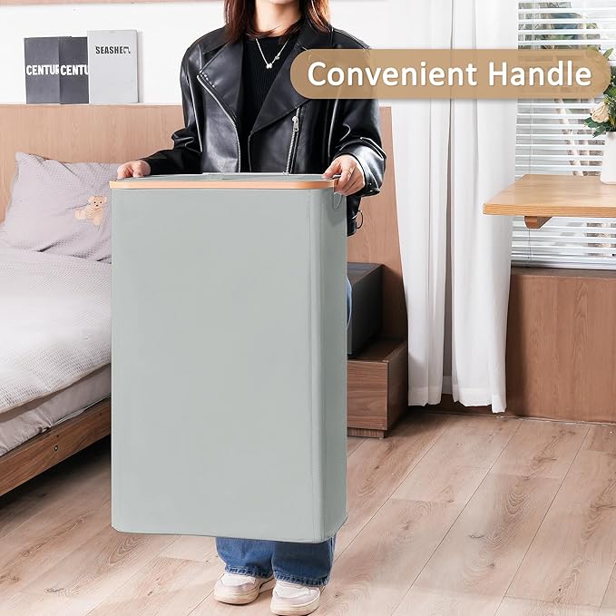 Slim Laundry Basket with Lid, Narrow Dirty Clothes Hampers for Laundry with Handle, Skinny Laundry Bin for Laundry Room, Dorm, Bedroom and Bathroom, 19.8 Gallon (75L) Silver Grey