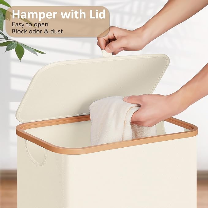 Slim Laundry Basket with Lid, Narrow Dirty Clothes Hampers for Laundry with Handle, Skinny Laundry Bin for Laundry Room, Dorm, Bedroom and Bathroom, 19.8 Gallon (75L) Beige