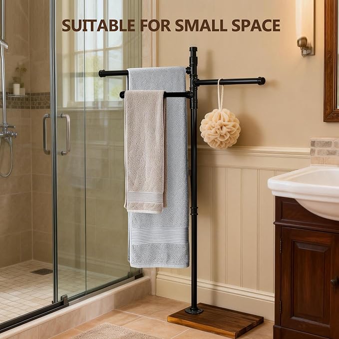 Hjarta 360° Swivel Standing Towel Rack, Free Standing Towel Holder with Wooden Base, Towel Stand with 3 Arms for Bathroom, Poolside
