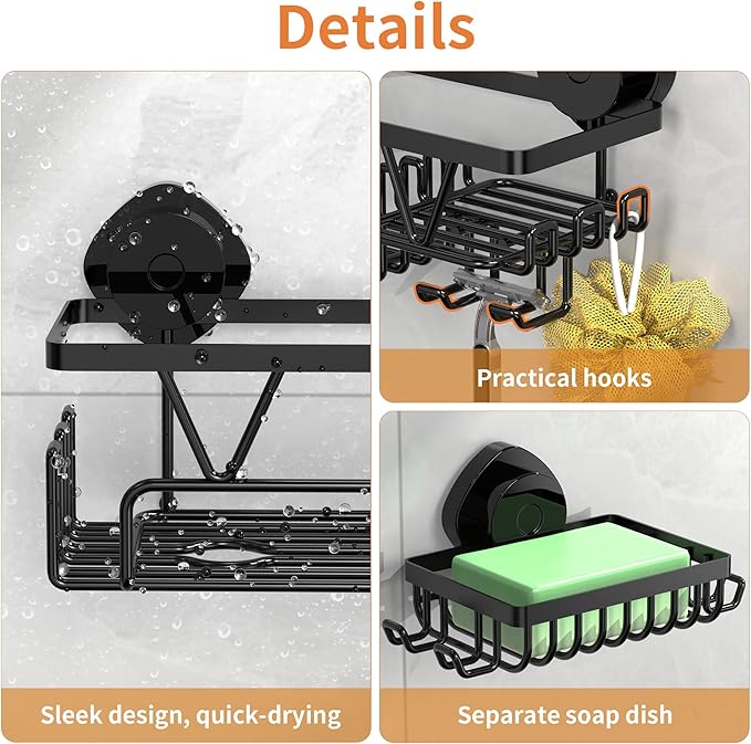 ZUNTO Suction Cup Shower Caddy - 3pcs Reusable Shower Shelf Organizers with Soap Holder and Hooks - No Drilling Bathroom Shelves for Shampoo