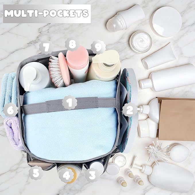 Attmu Mesh Shower Caddy Portable for College Dorm Room Essentials with 8 Pockets, Hanging Shower Caddy Dorm Basket, Quick Dry Shower Bag for Bathroom
