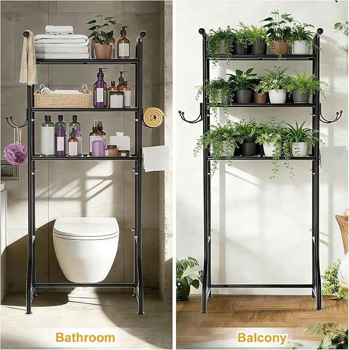 3-Tier Over The Toilet Storage Shelf，Bathroom Organizers and Storage Over Toilet，Metal Bathroom Space Saver with 2 Bars，1 Paper Holder and 4 Hooks,Black