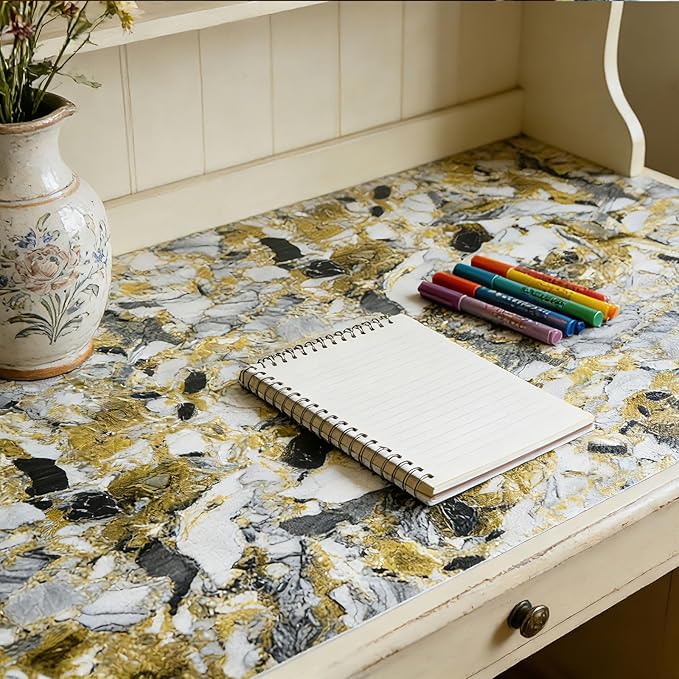 Drawer and Shelf Liner - Yellow Black Marble Pattern,Non Adhesive Non Slip Waterproof Easy-Clean Liner for Kitchen Cabinet, Refrigerator, Bathroom, Pantry Storage Drawers, 12 in x 10 Ft
