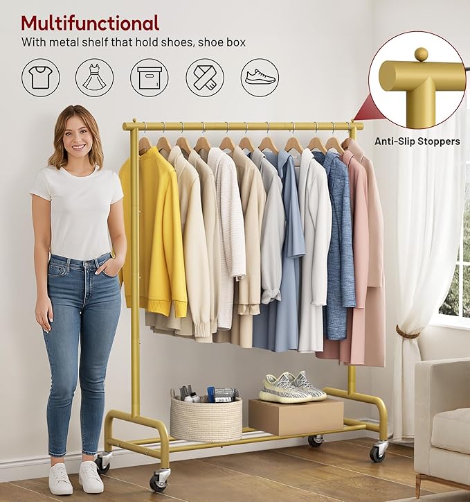 SLEEPING LAMB Heavy Duty Clothes Racks for Hanging Clothing Rack, 43" Wide Rolling Garment Rack Metal Wardrobe Rack with Wheels Closet Hanger Rack for Coats, Shirts, Dress (Gold)