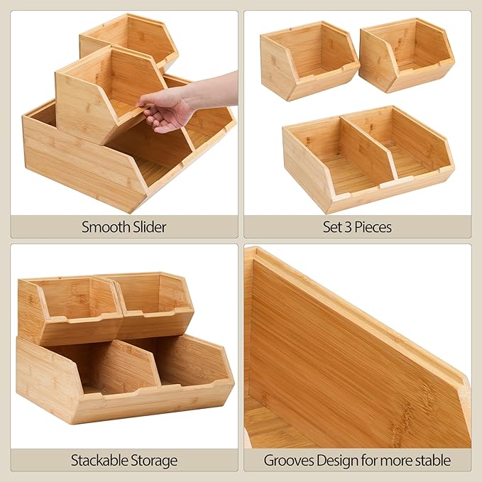 3 Pack Stackable Bamboo Pantry Storage Bins,Potato Onion Storage Bins