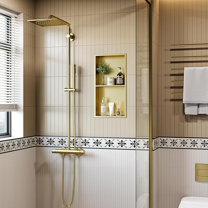 Neodrain Shower Niche Double Shelf Stainless Steel No Tile Needed Bathroom Niches Recessed in Wall, 2-Tier Recessed Wall Niche Waterproof Cubby(12X24Inch Golden)