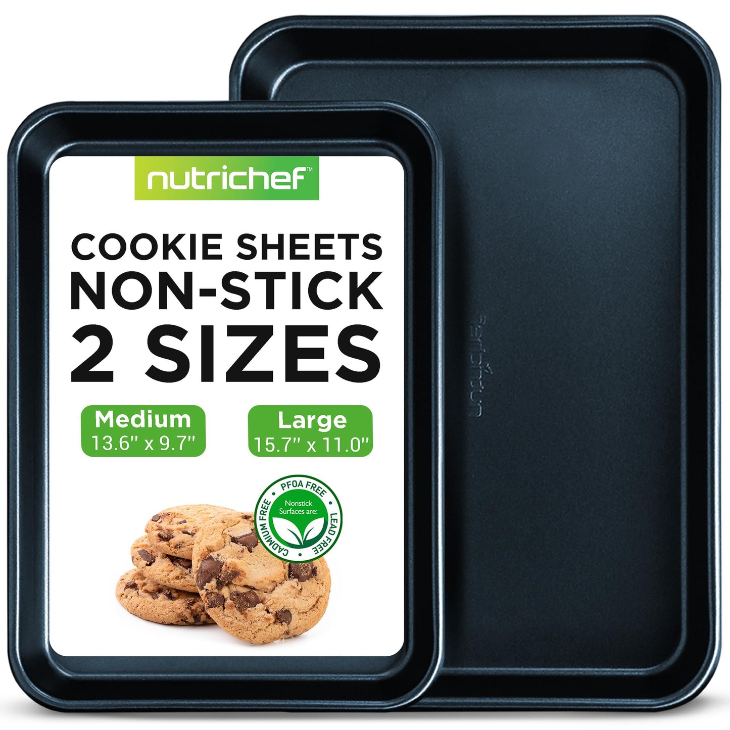 NutriChef 2-Piece Large & Medium Cookie Sheets for Baking - Non Stick Baking Sheet for Cookies, Sheet Cakes & Roasting - Dishwasher Safe - Gray