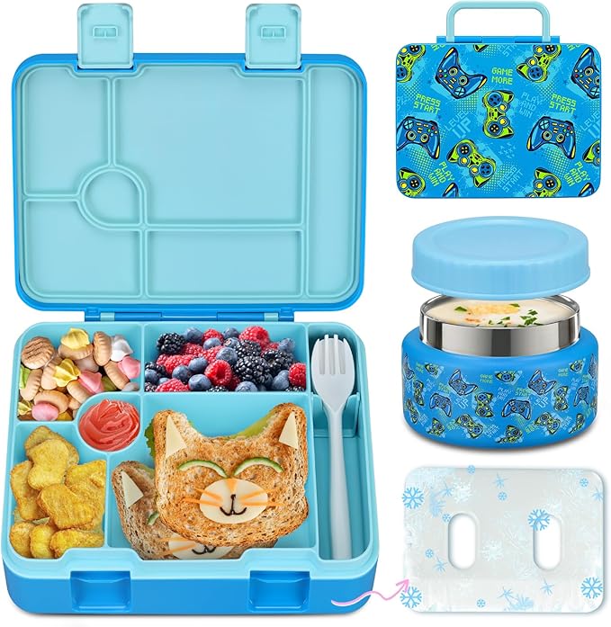 Kids Bento Lunch Box with Ice Pack, 5 Compartments Leak-Proof Bento Box with Utensils, 5.5-Cup Capacity for Adults & Ages 8+, BPA Free, Microwave & Dishwasher Safe, Pink