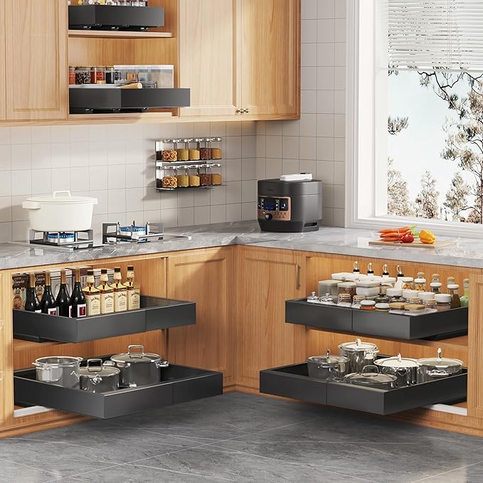 2 Pack Expandable Pull Out Cabinet Organizer 16.5"Deep With Raising Pad for Framed Cabinets,Upgrade 3 Slide Rails Slide Out Drawers,No Drill Roll Out Shelves,Adjustable Width 12.2"-20.4"Black