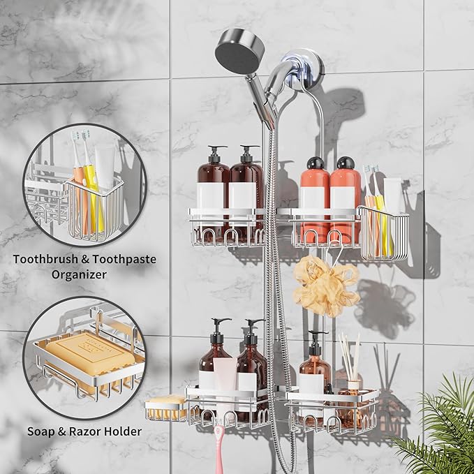 Shower Caddy Hanging with Door Hook - Split Design for Handheld Showerheads, Rustproof Over The Showerheads Bathroom Organizer with Hooks Soap and Toothbrush Holder, Bathroom Accessories Silver