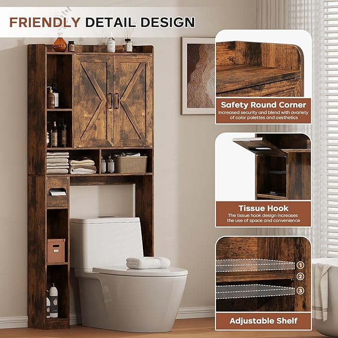 Over The Toilet Storage Cabinet, 31.1”W Bathroom Organizer with Double Doors, Above Toilet Rack, Detachable Toilet Paper Holder for Bathroom & Laundry Room Brown