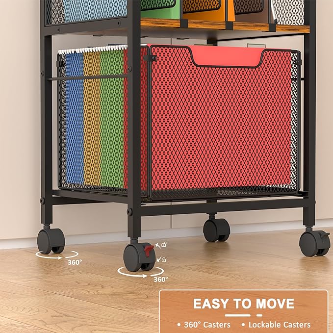 Rolling File Cabinet with Adjustable Dividers, Vertical Filing Cabinet with Storage Drawer on Lockable Wheels, Hanging File Organizer Beside Under Desk for Office, Home（Patent Pending）
