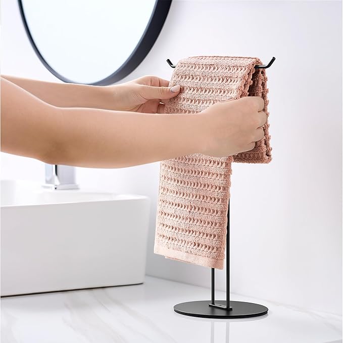 T-Shaped Hand Towel Holder Stand – Countertop Stainless Steel Towel Rack with Non-Slip Base for Bathroom, Kitchen, Vanity, Matte Black