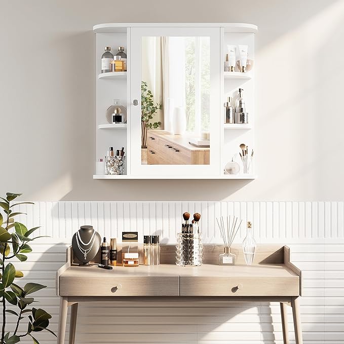 Shintenchi Bathroom Wall Cabinet with Mirror, Mounted Medicine Cabinets with 4 Internal and 6 Open Shelves, Mirrored Door Over The Toilet Storage, Solid White