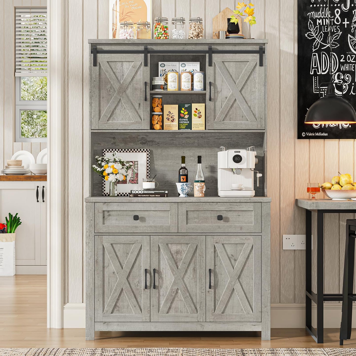 Befrases 67.7 Inch Farmhouse Pantry Storage Cabinet with Sliding Barn Doors, 2 Drawer Farmhouse Coffee Cabinet with Adjustable Shelf, Side Board with Buffet Cupboard Livingroom Kitchen, Grey