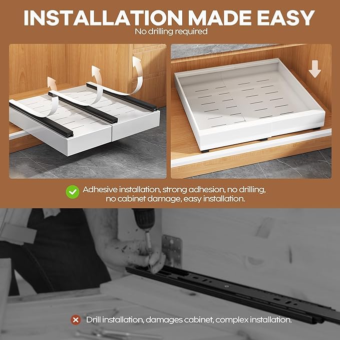 1 Pack Expandable Pull Out Cabinet Organizer 21" Deep with Raising Pad for Framed Cabinets,Upgrade 3 Slide Rails Slide Out Drawers,Roll Out Shelves Adhesive,Adjustable Width 12.05"-20.4"White