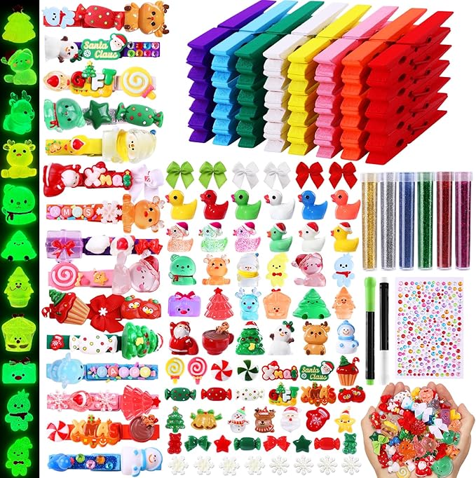 JOICEE 60 Set DIY Christmas Clothespins Kit,60 Colored Wooden Clothes Pins 111 Mini Resin Figures Bows and Stickers pens 200 Beads for Backpacks Christmas DIY Crafts Gifts Xmas Stockings Decor