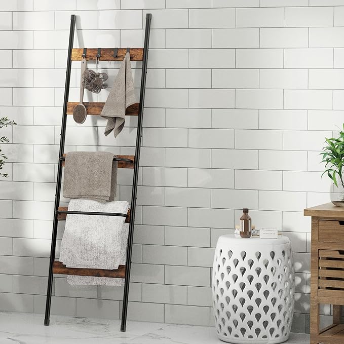 Blanket Ladder, 5-Tier Towel Holder with 2 U-shaped storage rack, Farmhouse Wall Leaning Decorative Rack Shelf, Towel Display Rack, Removable Hooks, Quilt Ladder for Living Room, Bedroom, Rustic Brown