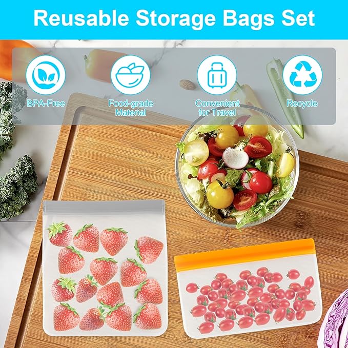 17 Pack Reusable Freezer Bags Dishwasher Safe, Leakproof Food Storage Bags, Silicone Bags for Food Storage Home Organization (6 Reusable Snack Bags 6 Sandwich Bags 5 Gallon Freezer Bags)