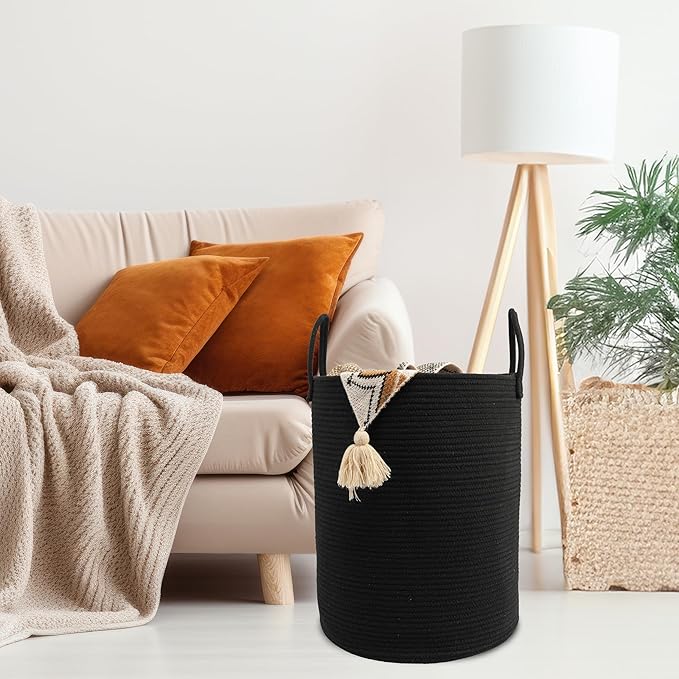 Woven Cotton Rope Laundry basket-15”X20” Laundry Hamper-Rope Storage Basket for Dirty Clothes, Toys and Blankets Perfect for Bathroom, Baby nursery and Living Room Storage (black)