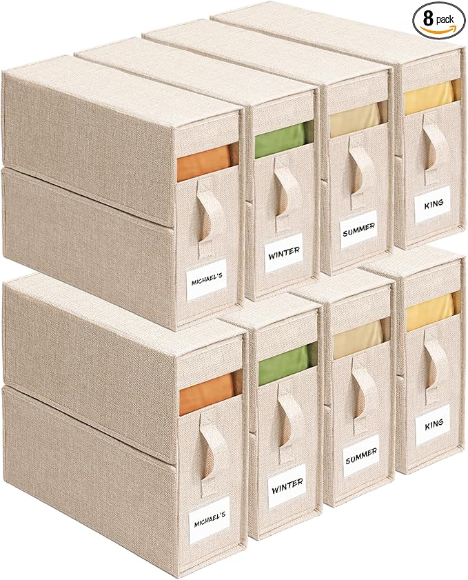 8Pack Sheet Organizers for Linen Closet - King/Queen Size Bedding Storage Boxes with Clear Window | Foldable, Dustproof Linen Organizer for Blankets & Sheet Sets,Beige