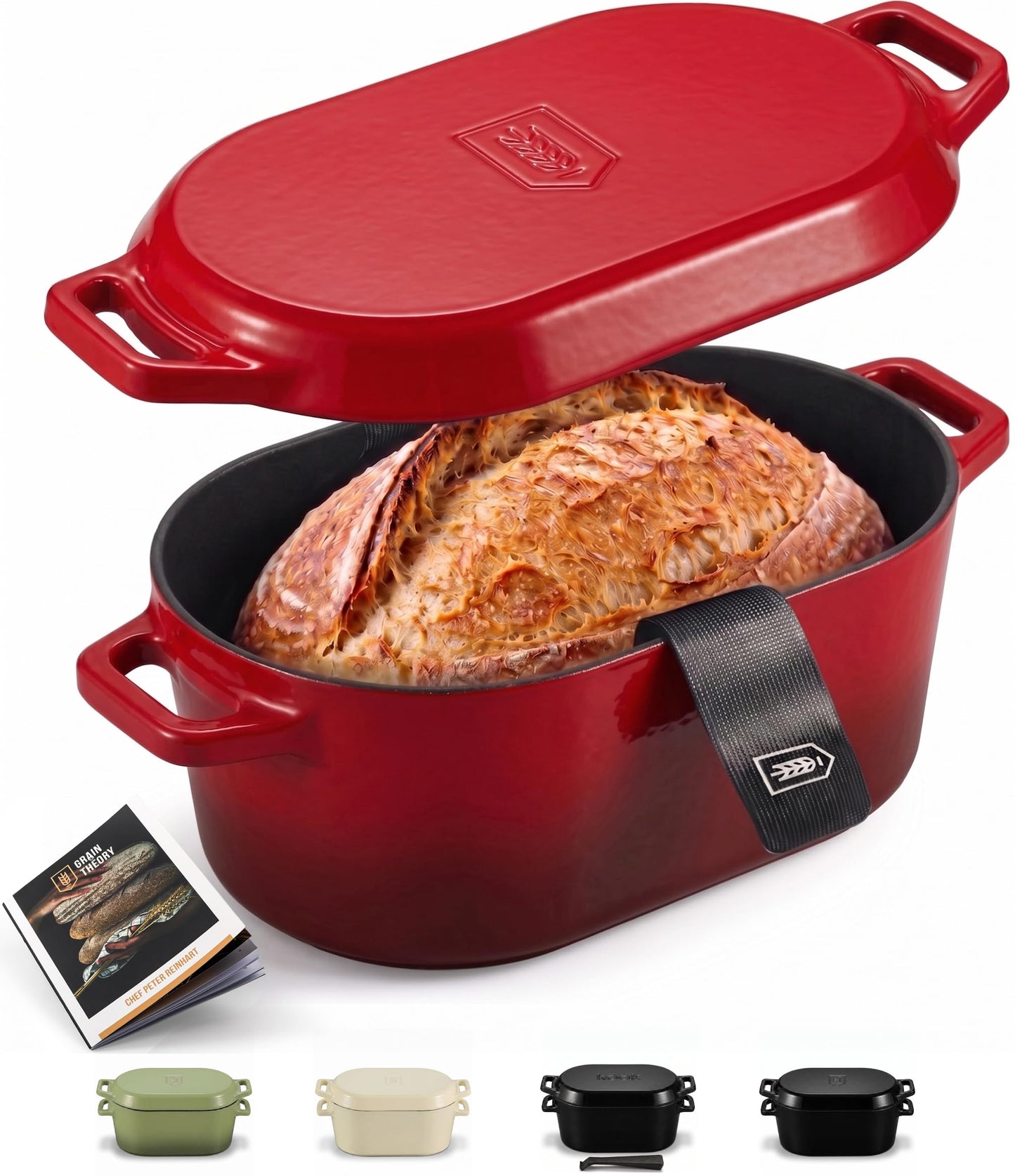 KooK Oval Dutch Oven, for Bread Baking, Sourdough Loaf Pan, Dual Handles, Enameled Cast Iron, with Sling, Dishwasher Safe, 3.4 Qt, Cherry Ombre