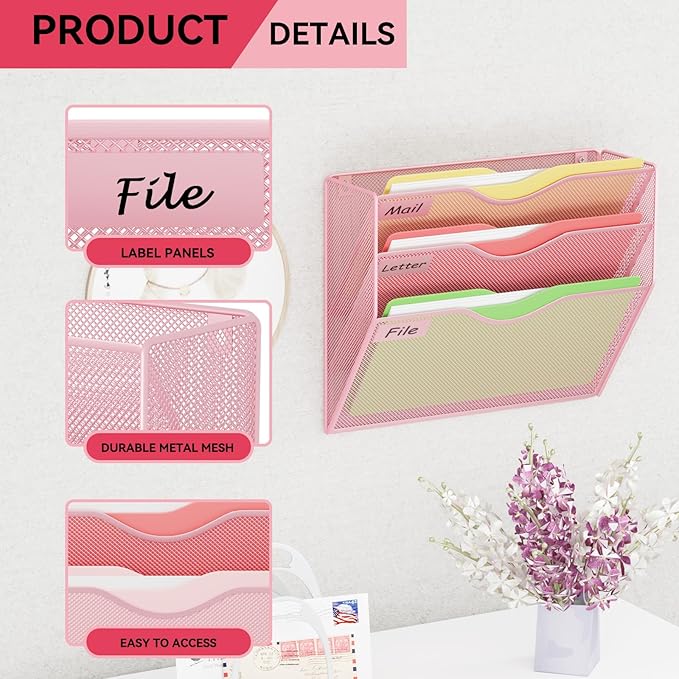 3 Pockets Hanging Wall File Organizer Mail Holder, Wall Mounted Paper Document Folder Holder, Clipboard Storage Organization Magazine Rack, Pink