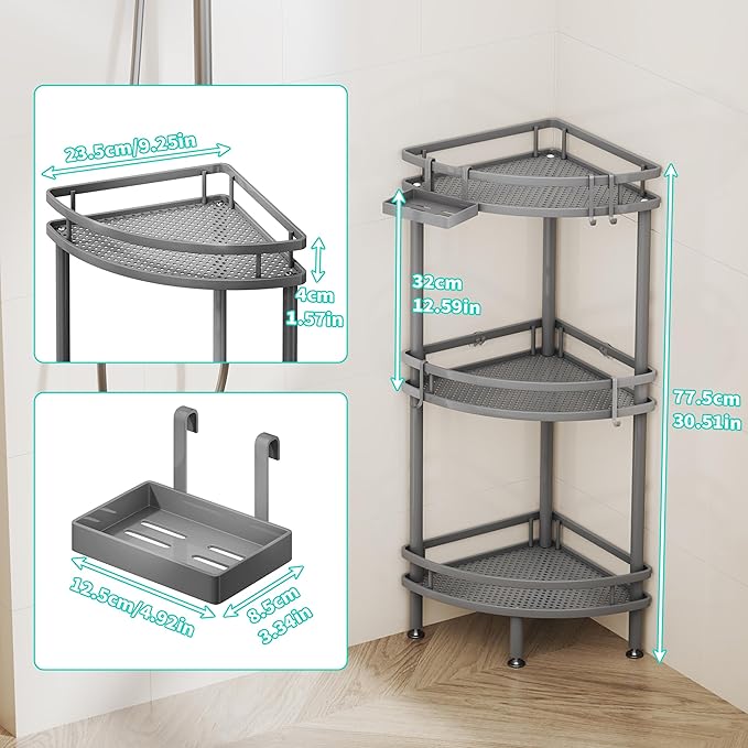 HapiRm apiRm Standing Corner Shower Caddy - 3 Tier Shower Organizer Corner with Soap Holder and 4 Hooks, Rustproof Bathroom Storage Shelves with Adhesives, Grey