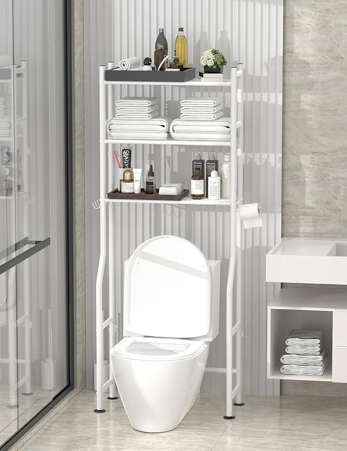 3-Tier Over The Toilet Storage, Freestanding Metal Bathroom Shelves with 4 Hooks, Over Toilet Storage Shelf with Paper Holder, Above The Toilet Shelf for Bathroom Storage, White
