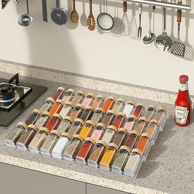 Spice Drawer Organizer 4 Tier, Acrylic Seasoning Organizer Rack, Clear Spice Rack Tray, Kitchen Seasoning Jars Drawers Insert (Jars Not Included/Expandable From 9" to 18")