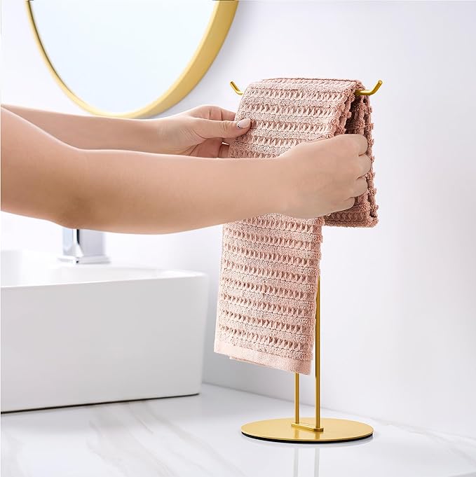 T-Shaped Hand Towel Holder Stand – Countertop Stainless Steel Towel Rack with Non-Slip Base for Bathroom, Kitchen, Vanity, Shiny Gold