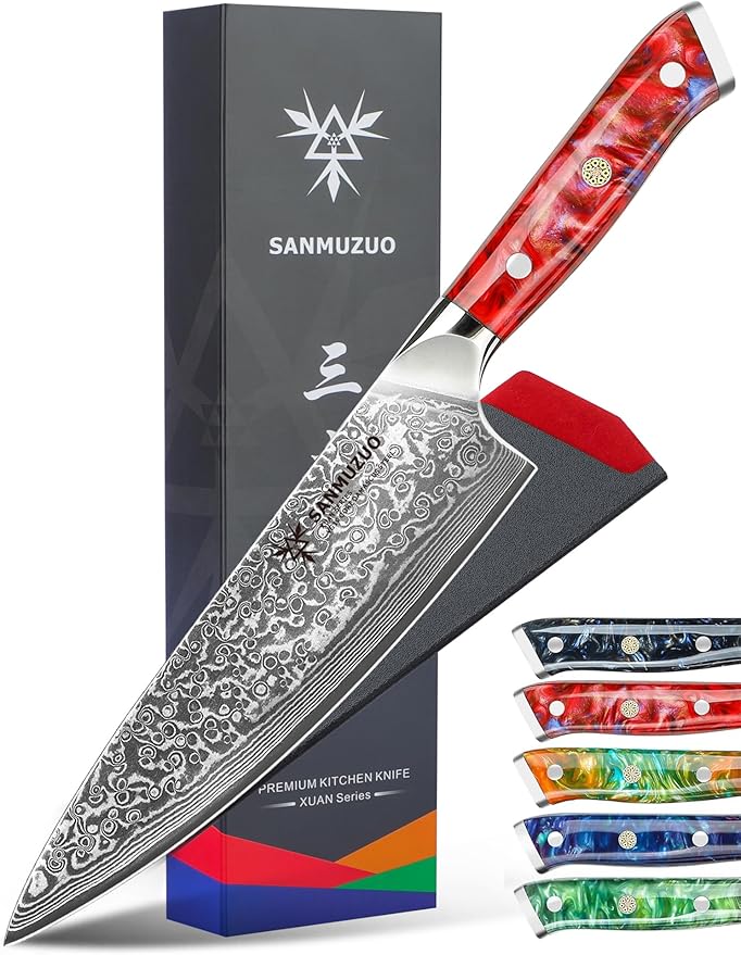 SANMUZUO Chef Knife - 8 inch - Xuan Series - VG10 Damascus Steel Kitchen Knife - Resin Handle (Sapphire Blue)