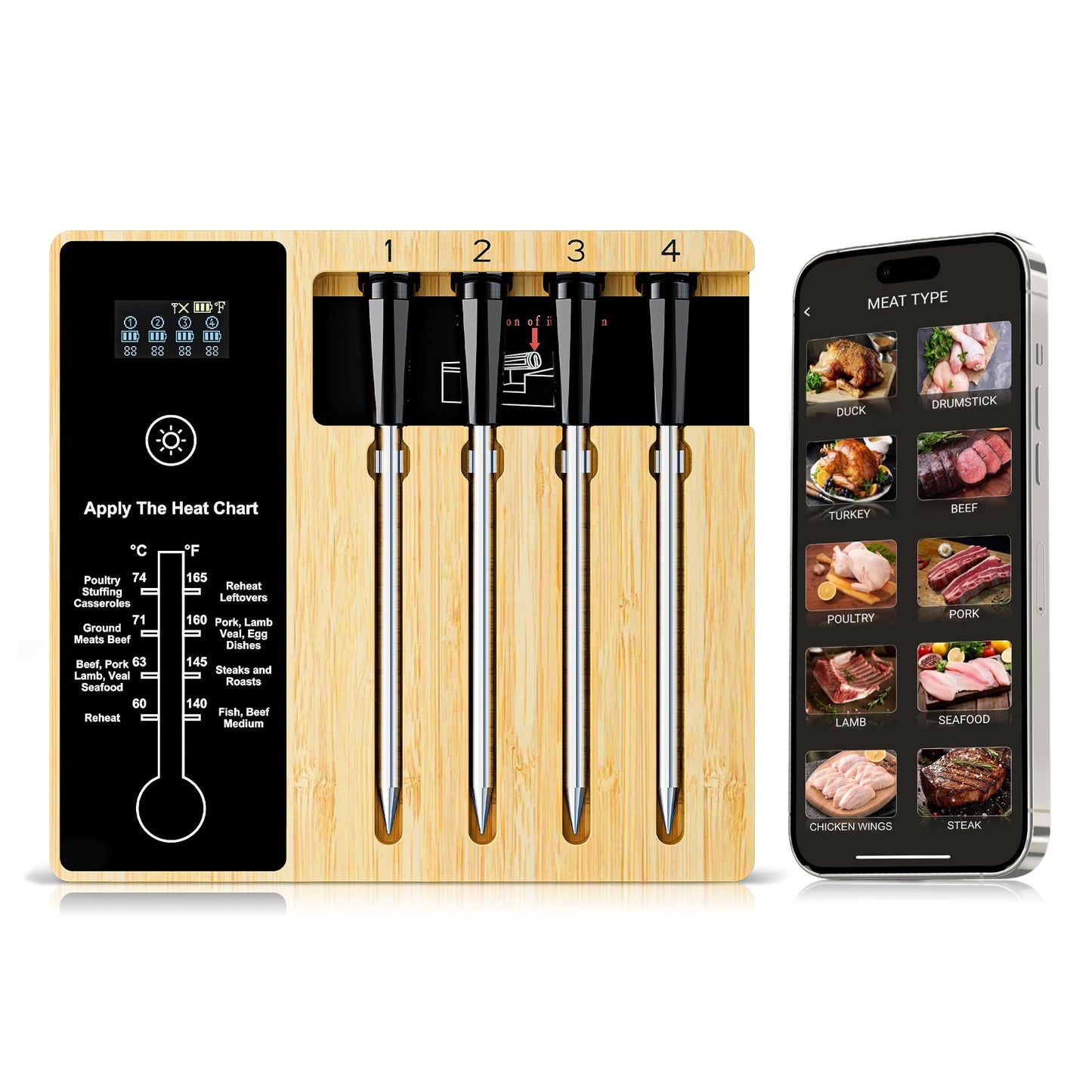 Smart Wireless Meat Thermometer 4 Probes, Bluetooth Food Thermometer, Remote Tracking and Real-Time Readings from Apps, for iOS and Android, for BBQ, Grill, Smoker