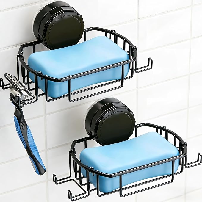 2 Pcs Suction Cup Adhesive Soap Holder Dish with Hooks, Black Stainless Steel Rustproof Shampoo Bar Holder Tray Self Drain, Morden Bathroom, Drill Free