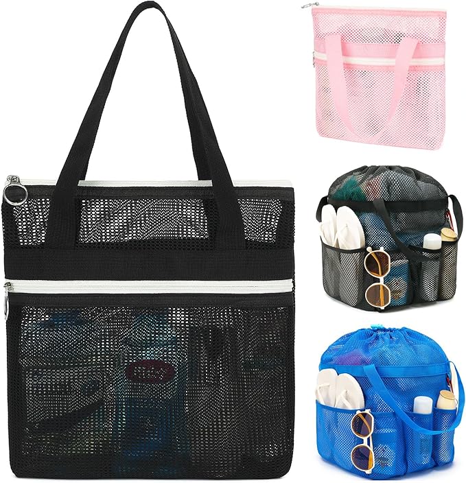 Mesh Shower Caddy Portable with Zipper & 2 Pockets - Quick Dry Shower Bag Toiletry Tote Hanging for Travel Gym Camp Beach - Organizer Bag Bathroom Essentials for College Dorm
