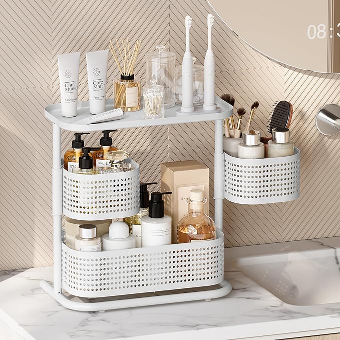 KINGRACK 3-Tier Rotating Bathroom Organizer, Countertop Vanity Tray, Spice Rack Storage, Easy to Assembly Space-Saving Organizer for Bathroom, Kitchen, Laundry Room, White