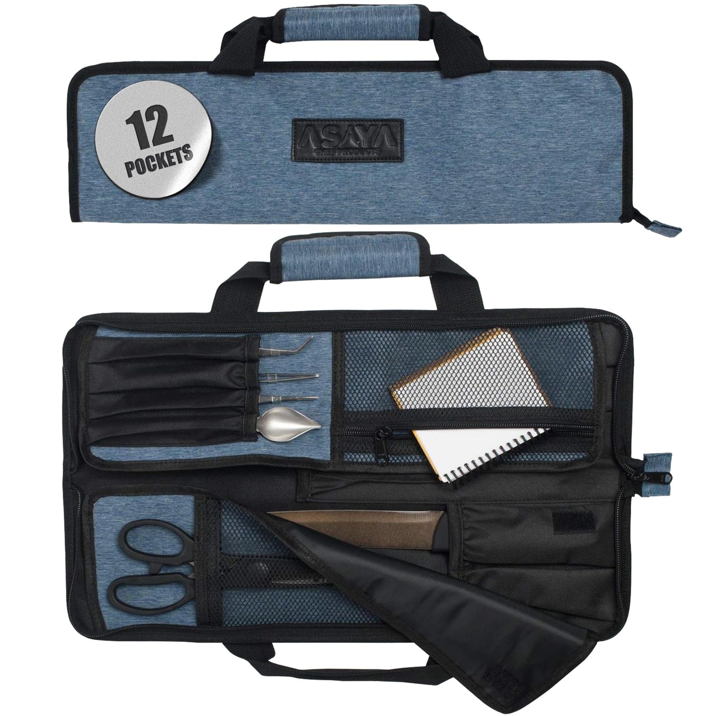Asaya Chef Knife Roll Bag - 12-Pocket Chefs Case for Kitchen Knives and Utensils, Lightweight Stain-Resistant Waxed Nylon Chef Knife Bag - Knives Not Included (Grey)