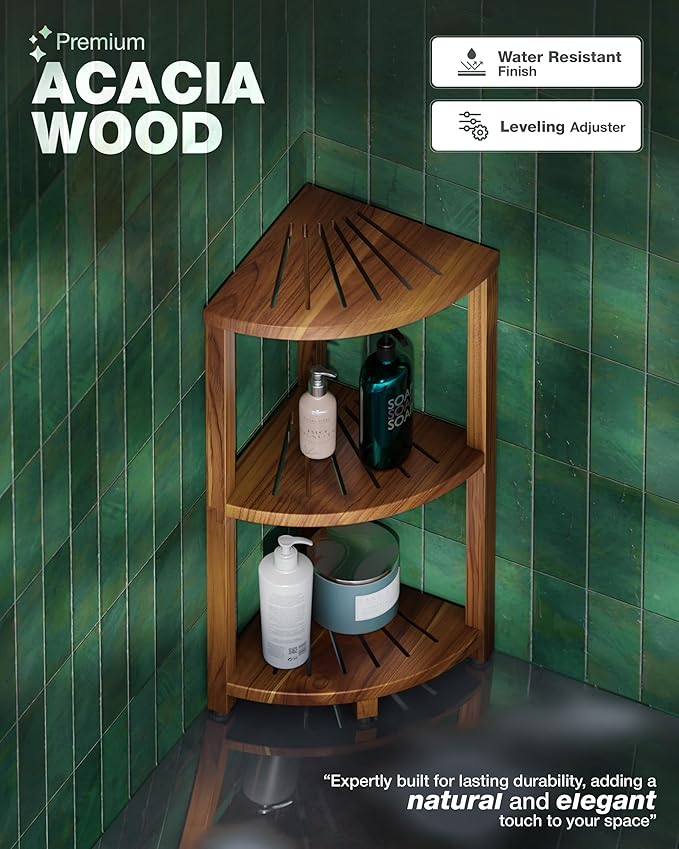 BLUEWEST 3-Tier Corner Shower Caddy Stand, Wood Shower Organizer Standing with Anti-Slip Feet, Waterproof & Durable Bathroom Corner Shelf, Space-Saving Design Storage for Kitchen or Living Room